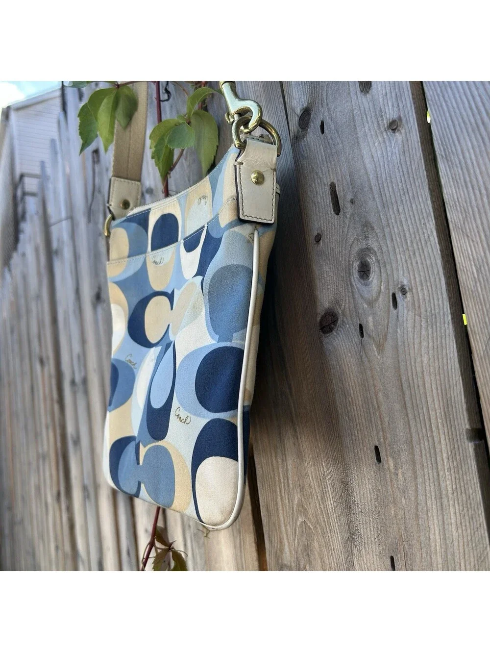 Coach Poppy Op Art Crossbody Swingpack Bag Women Blue Cream Monogram